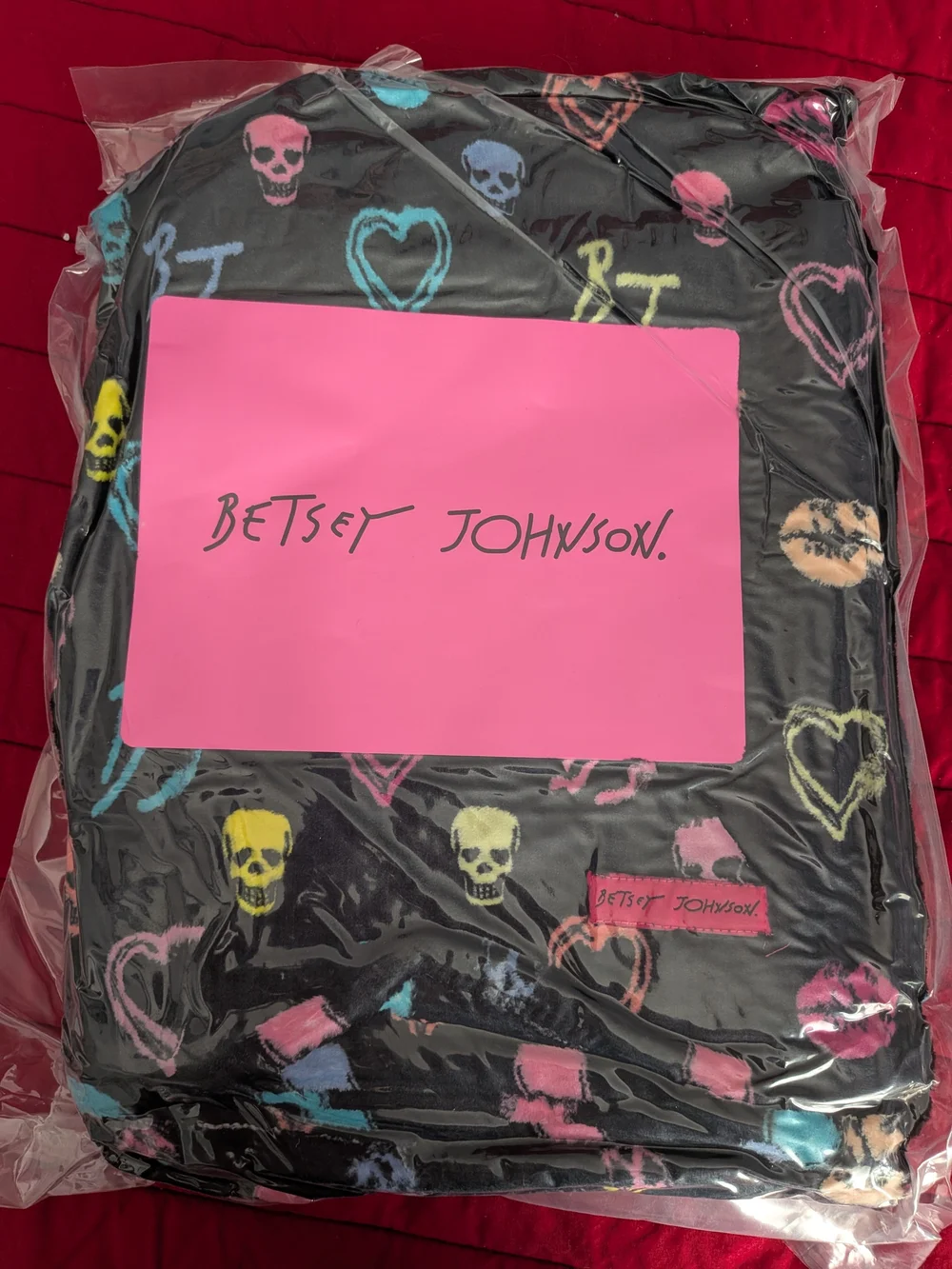 Betsey Johnson Black Plush Blanket with Neon Skulls & Hearts